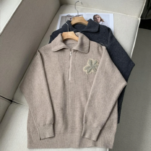 100% Cashmere Women Beaded Embroidery Sweater Autumn Winter Turn-down Collar Long Sleeve Loose Ladies Knitted Pullover