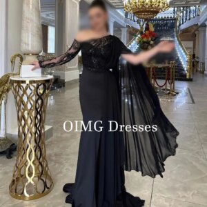 OIMG Saudi Prom Dresses One-Shoulder Side Slit Long Sleeves Black Sequined Vintage Customized Evening Gowns Formal Party Dress