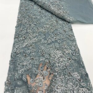 Luxurious Nigerian Handmade Beads Lace Fabric 2024 High Quality Sequins Beaded Embroidery African French Lace Fabric Grey Dress
