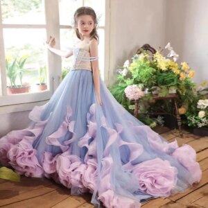 Jill Wish Luxury Gradient Blue Flower Girl Dress Crystal Long Train for Kids Princess Wedding Pageant Birthday Party Gowns J025