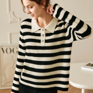 OLrain POLO Neck Women Pullovers 2025 Spring 100%wool Spliced Lazy Long Sleeve Button Knitted Tops Woman Clothing O21DM59621