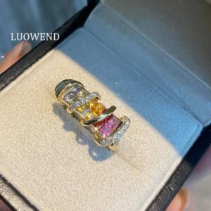 LUOWEND 100% 18K Yellow Gold Rings Luxury Romantic Style Shiny Diamond Natural Color Sapphire Ring for Women High Party Jewelry