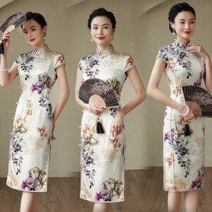 High Quality New Chinese Real Silk Cheongsam Qipao 2024 Summer Short Sleeve Improved Retro Dress Mid-Length Formal