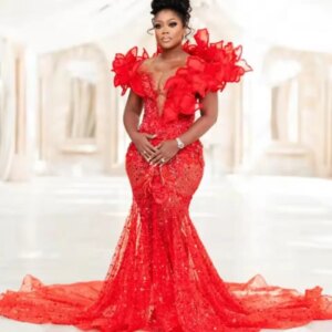 Luxury Red Mermaid Prom Dresses Beads Sequined Evening Formal Party Second Birthday Engagement Gowns Ruffled Organza Shoulder