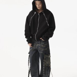 American Retro Corrugated Multi-Pocket Lace-up Jeans Special-Interest Design Heavy Industry Loose Straight Cargo Trousers