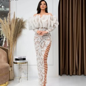 Gorgeous Pearls Beaded Wedding Dress Off Shoulder Long Sleeves Lace 3D Formal Evening Dresses African Dubai Prom Party Dress