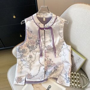 New Chinese style small round collar button jacquard embroidery stand national vest cardigan lady coat