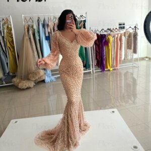 V Neck Lantern Sleeve Champagne Evening Dress Luxury Pearls Customized Fashion Bridesmaids Wedding Party Gowns Second Reception
