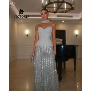 Strapless Hanging Beaded Prom Dress Floor-length vestidos de noiva Customized Sleeveless Zip Back Evening Dresses Customized