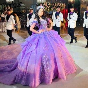 Purple Beading Crystal Ruffles Quinceanera Dresses Ball Gown Off The Shoulder Appliques Lace Sweet 15 Birthday Party