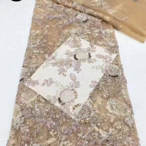 2025 High Quality Nigerian Handmade Beads Embroidered Mesh Lace Fabrics African Tulle Lace With Sequins For Sewing 5 Yards