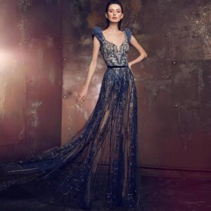 L312 New Navy Blue Cap Sleeves Beaded A-line  فساتين السهرة vestidos de fiesta  فساتين سهره evening dresses