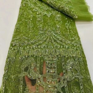 Latest GREEN African Lace Fabric 2023 High Quality Nigeria Beaded Lace Fabric Embroidery Sequence Tulle Fabrics Wedding