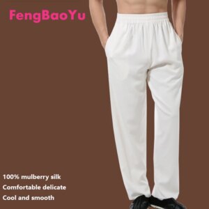 Mulberry Silk Spring and Summer Men’s Pants White Elastic Waist Casual Straight Leg Pants Loose Comfortable Cool