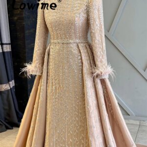 Floral Beaded Arabic Evening Dresses Formal Muslim Dubai Feathers Prom Dress With Detachable Train Wedding Party Dress Customize
