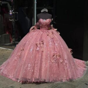 Rose Red Shiny Quinceanera Dress Off the Shoulder Princess Applique Lace Bow Gift Long Puffy Skirt Formal Birthday Party Gown