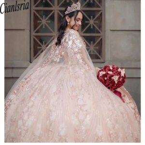 Rose Gold Shiny Quinceanera Dresses Ball Gown Lace Applique Beaded Tiered With Cape Corset Sweet 16 Dress Vestido De 15 Anos