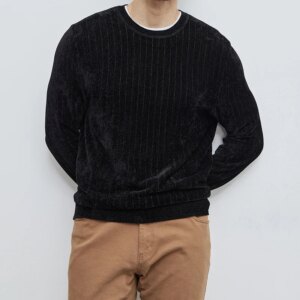 New men’s high-end gold thread ball velvet vertical striped crew neck pullover sweater base knitwear