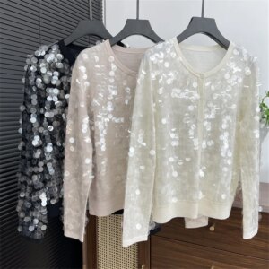Exquisite Sequined Long Sleeve Thin Cardigan Jacket For Women Knitted Wool Sweater