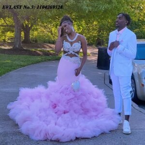 EVLAST Customized Sexy Pink African Prom Dress Ruffles Crystal Beaded Mermaid Party Gown Black Girls Vestidos De Festa E3P126