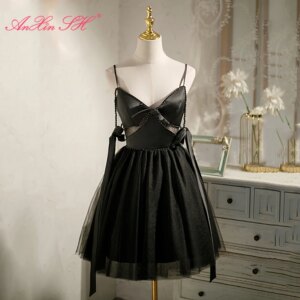 AnXin SH princess black satin short party bride spaghetti strap beading pear bow customized evening dress little black dress