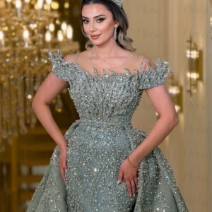 Two Pieces Elegant Prom Dresses Sage Green 3D Lace Wedding Party Gowns Saudi Arabia Overskirt Prom Dresses Customized Celebrity