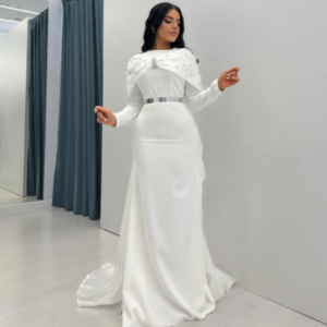 Customized A-line O-Neck Sequined Prom Gowns Sweep Train Satin White Evening Dresses Simple Cocktail Dresses