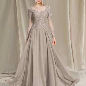 Champagne A-Line Mother of the Bride Dress Elegant Jewel Chiffon Lace Long Sleeve Beads Wedding Guest Party Gowns 2025