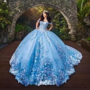 Customized Sky Blue Quinceanera Dress Lace Ball Gown Princess Sweet 15 16 Years Appliques Luxury Big Bow Vestidos De 15 Anos
