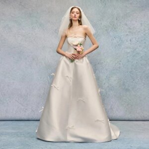 Classic Satin Wedding Dress With Bows Romantic Strapless Sleeveless Elegant A Line Bridal Gown Bridal Photo Shoot Dress G4971