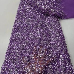 African Lace Fabrics 5 Yards 2025 Purple Lace Fabric Luxury Handmade Bead Lace Fabric Embroidered Fabrics For Party Dress A933-1
