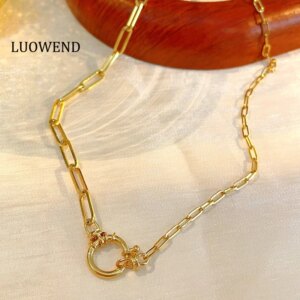 LUOWEND 100% 18K Yellow Gold Necklace Fashion AB Design Chain Metal Style Universal Buckle Necklace for Women High Party Jewelry