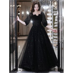 Black Evening Dress 2025 Prom Dress Long Shining Sequinded Tulle Party Dress Lace-up Back High Waist