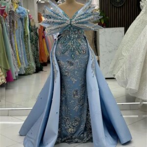 New Elegant Blue Beading Evening Dresses Middle East Dubai Strapless Mermaid Prom Dress Detachable Skirt Engagement Party Dress