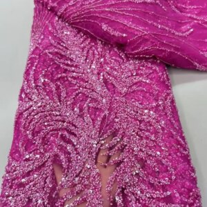5 Yards African 2025 High Quality Mesh Sequins Embroidery Beaded Tulle Nigerian Lace Fabrics For Bridal Material Wedding sewing