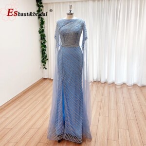Elegant Dubai Mermaid Evening Dress for Women 2025 Long Cape Sleeves Split Beaded Formal Prom Wedding Party Gown Customized