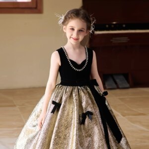 Customized Floor-Length Girl’s Dress Gold Satin Flower Girls Pageant Gown High-quality Gorgeous Pattern Girl Party Dress