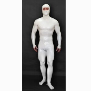 Men’s White Full Body Latex Catsuit Face Entry Rubber Bodysuit Half Gloves Finger Ring Style with Crotch Zip