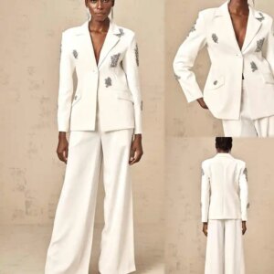 Customized White Women Pants Suits Crystal Beading Ladies Prom Birthday Party Formal Wear Outfit Jacket 2 Pieces