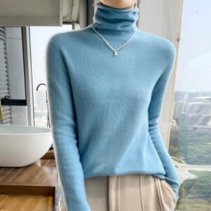 Fall-Winter 2024 New 100% Pure Wool Women’s High Neck Long Sleeve Cashmere Sweater Slim Fit Warm Knitted Cashmere Sweater Top