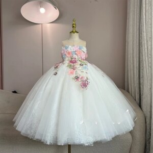 Children’s princess girls sequin children’s three-dimensional flower French princess girls pink dress