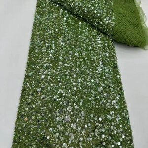 Glitter Pearls Off White Color Net Lace African Fabric Lace High Quality 2025 Oliver Green Beaded Embroidery For Sewing KB4816