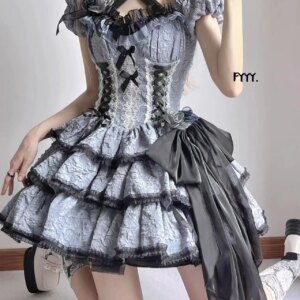 Star Sleepless Lolita Medea Kiss op Dark Blue Gothic Three Section Dog Short Spring/Summer Short Sleeve Dress