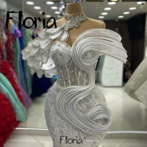 Off Shoulder Embroidery Lace White Evening Dresses Mermaid Pleated Wedding Dress For Women Vestidos De Fiesta Abiti Da Cerimonia
