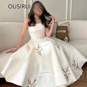 Glamorous Boat Collar Satin Evening Bridesmaid Dress with Lace A-line Backless Lace up Tea-Length Evening Prom Dress Customized