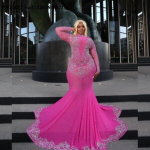 EVLAST Customized 2025 Pink Chiffon Mermaid Prom Dress Black Girls Crystal Beaded Long Sleeve Aso Ebi Birthday Party Gown E2P536