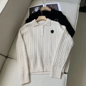 Badge Embroidery Women’s Cashmere Sweater Autumn Front Buttons Turn-down Collar Long Sleeve Casual Ladies Knitted Pullover