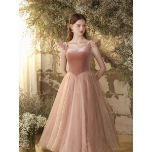 Pink Banquet Evening Dress Student Day 2025 New Women’s Spring Round Neck Polka-dot Fluffy Skirt Formal Dress Women Elegant