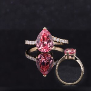 Sukura Pink Pear 7X9.5mm Lab Sapphire Stone Rings With Moissanite Pave 9K Yellow Gold Ring Classic Present For Women Anniversary