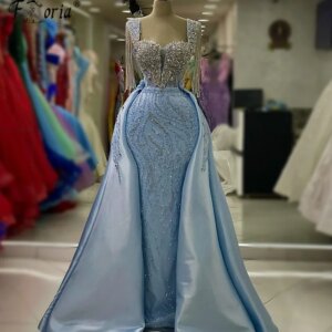 Elegant Full Beads Mermaid Evening Dress with Detachable Overskirt Blue Crystal Tassel Fringe Dubai Prom Dress Robe De Soiree